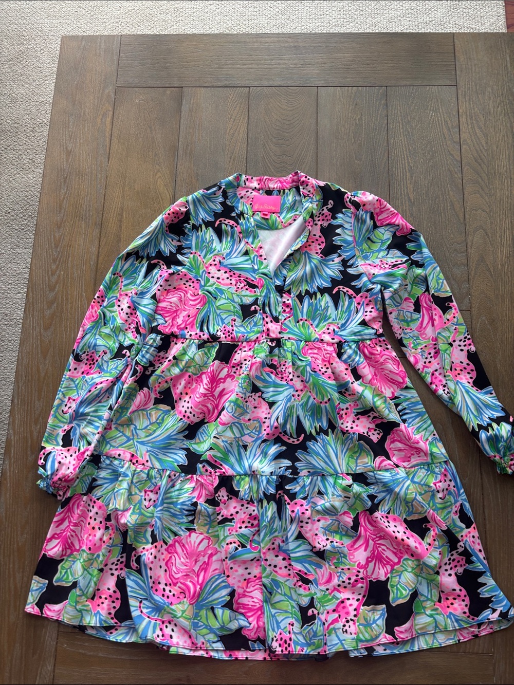 Lilly Pulitzer Pink Floral Tiered Dress with Green & Blue Leaves